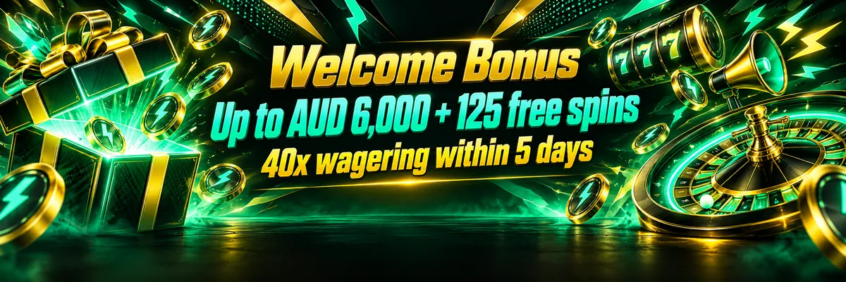 Glossy gift box and floating lightning-stamped tokens against a dark green and gold geometric gaming backdrop.